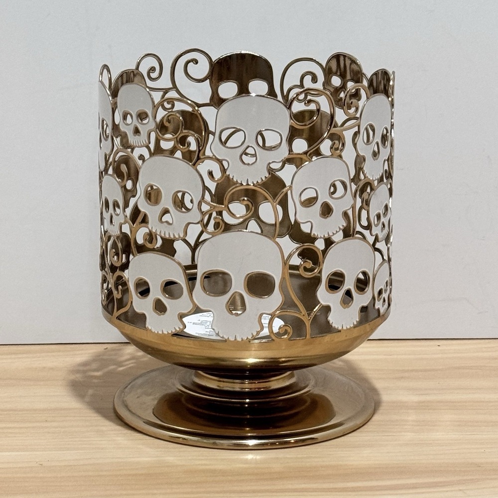 Bath & Body Works Halloween White Skulls Gold 3 Wick Candle Holder Sleeve Skulls